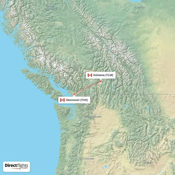 Vancouver - Kelowna direct flight map