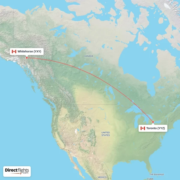 Whitehorse - Toronto direct flight map