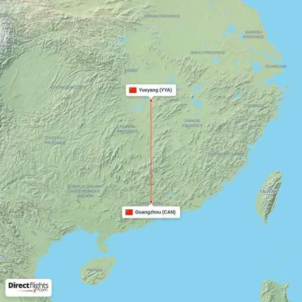 Yueyang - Guangzhou direct flight map