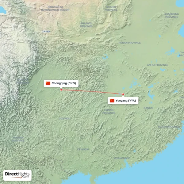 Yueyang - Chongqing direct flight map