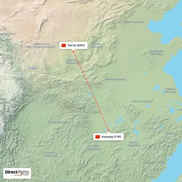 Yueyang - Yan'an direct flight map