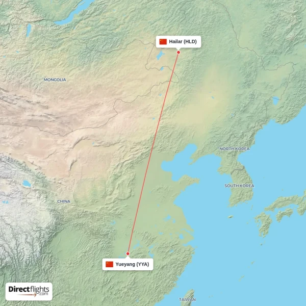 Yueyang - Hailar direct flight map