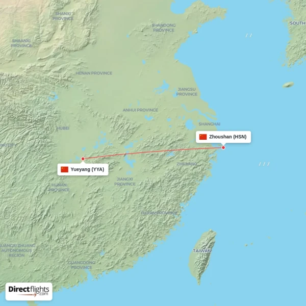 Yueyang - Zhoushan direct flight map