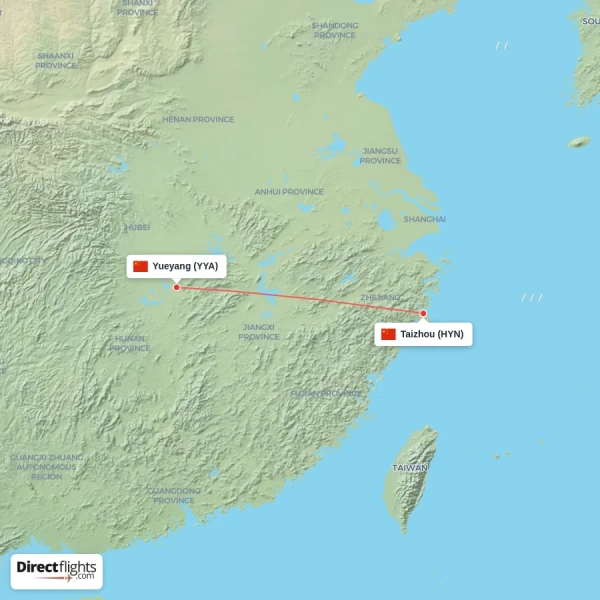 Yueyang - Taizhou direct flight map