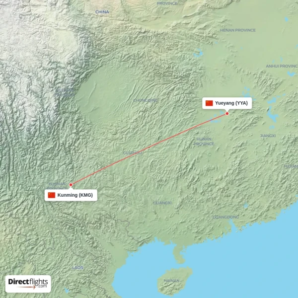 Yueyang - Kunming direct flight map