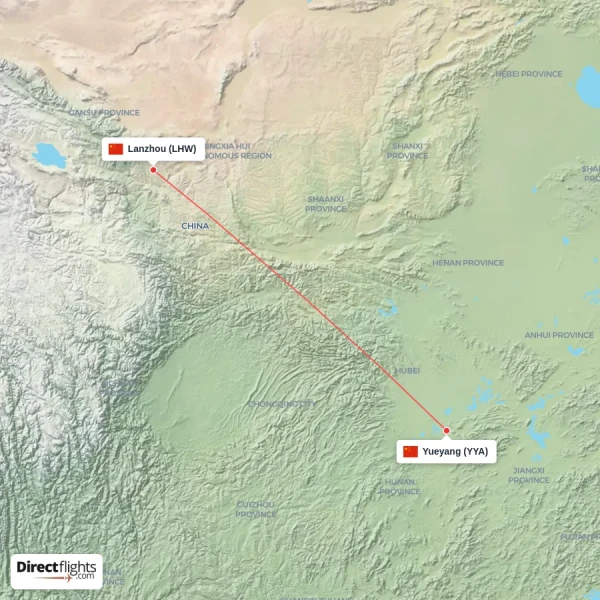 Yueyang - Lanzhou direct flight map