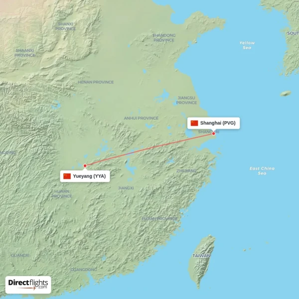 Yueyang - Shanghai direct flight map
