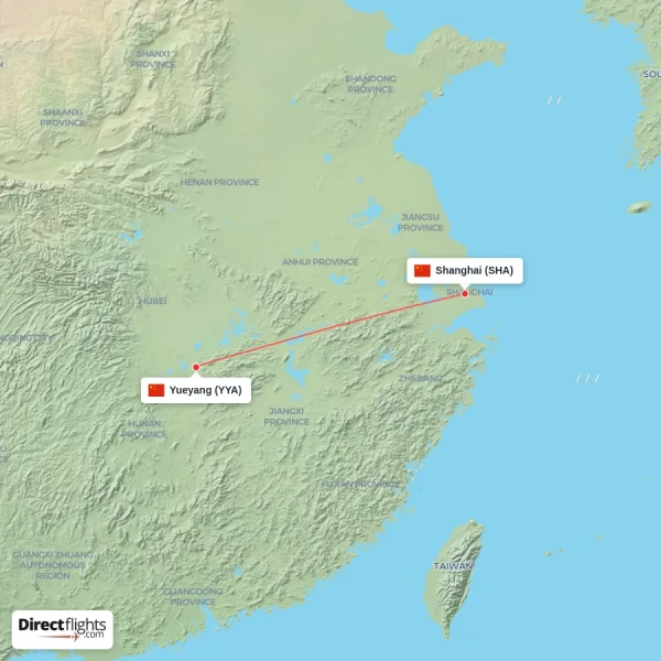 Yueyang - Shanghai direct flight map