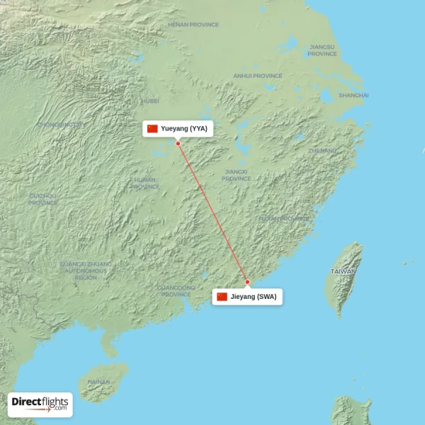 Yueyang - Jieyang direct flight map