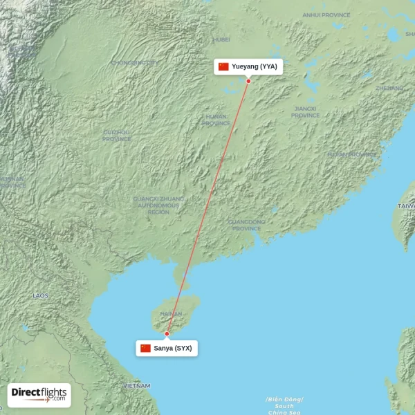 Yueyang - Sanya direct flight map