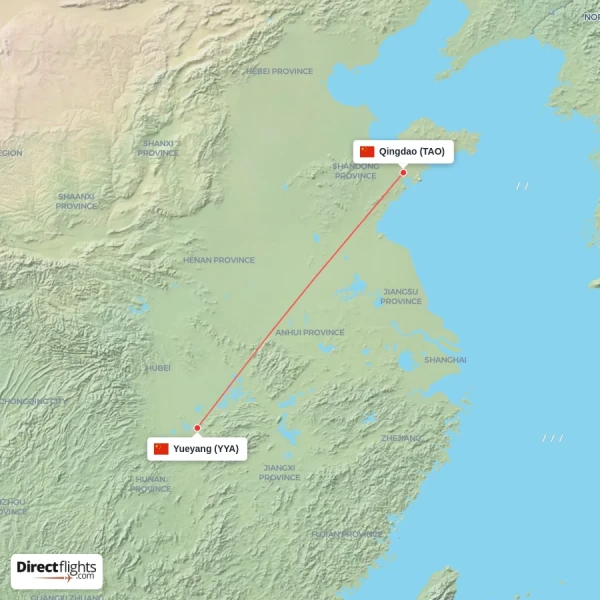 Yueyang - Qingdao direct flight map
