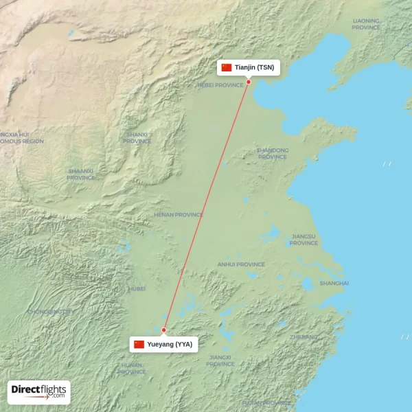 Yueyang - Tianjin direct flight map