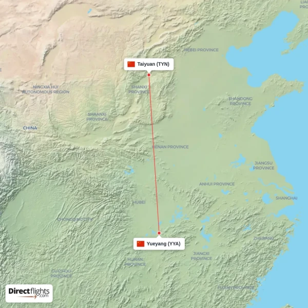Yueyang - Taiyuan direct flight map