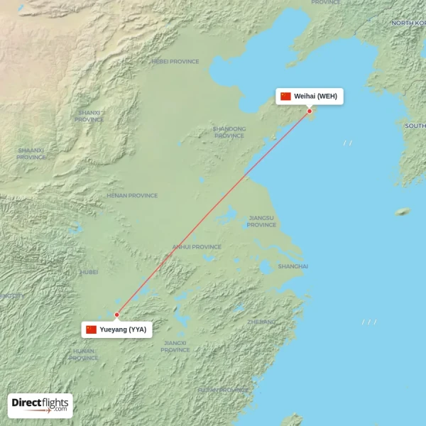 Yueyang - Weihai direct flight map