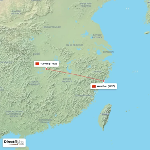 Yueyang - Wenzhou direct flight map