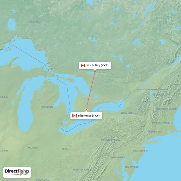 North Bay - Kitchener direct flight map