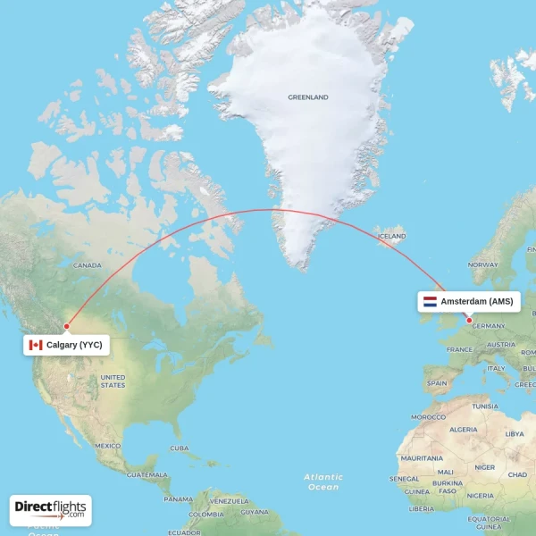 Calgary - Amsterdam direct flight map