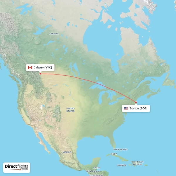 Calgary - Boston direct flight map