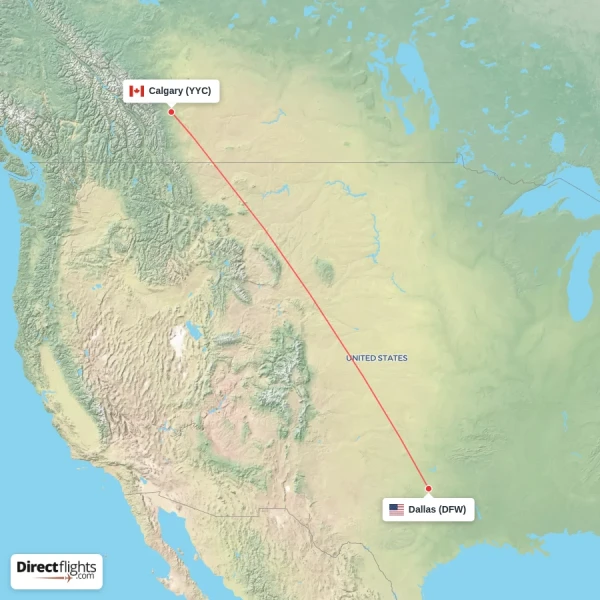 Calgary - Dallas direct flight map