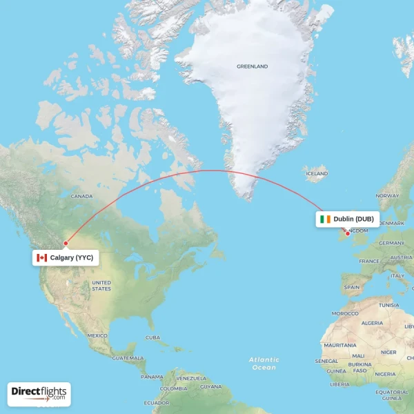Calgary - Dublin direct flight map