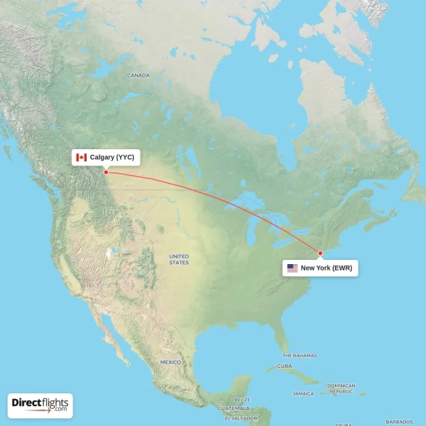 Calgary - New York direct flight map