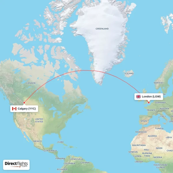 Calgary - London direct flight map