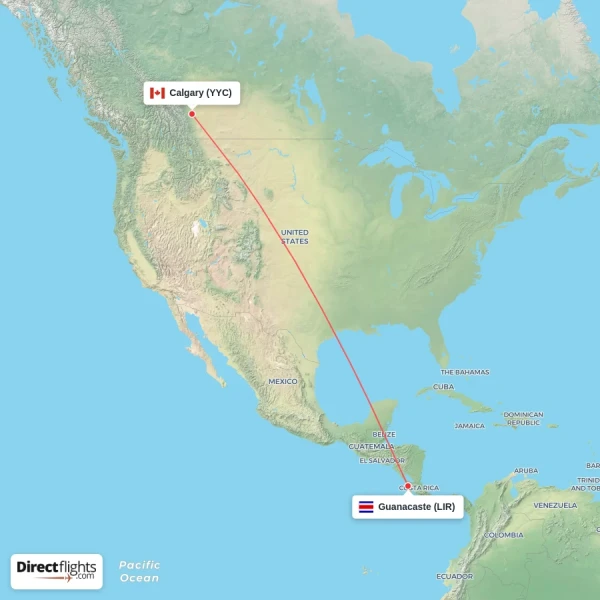 Calgary - Guanacaste direct flight map