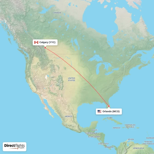 Calgary - Orlando direct flight map