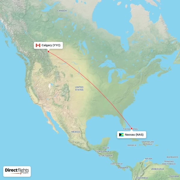 Calgary - Nassau direct flight map