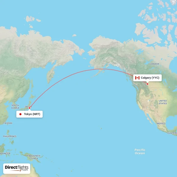 Calgary - Tokyo direct flight map