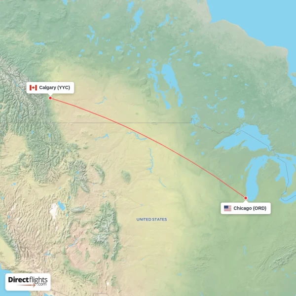 Calgary - Chicago direct flight map