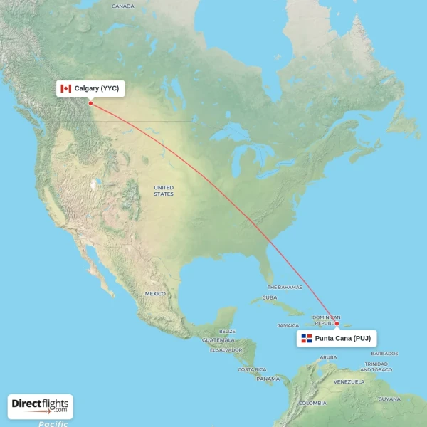 Calgary - Punta Cana direct flight map
