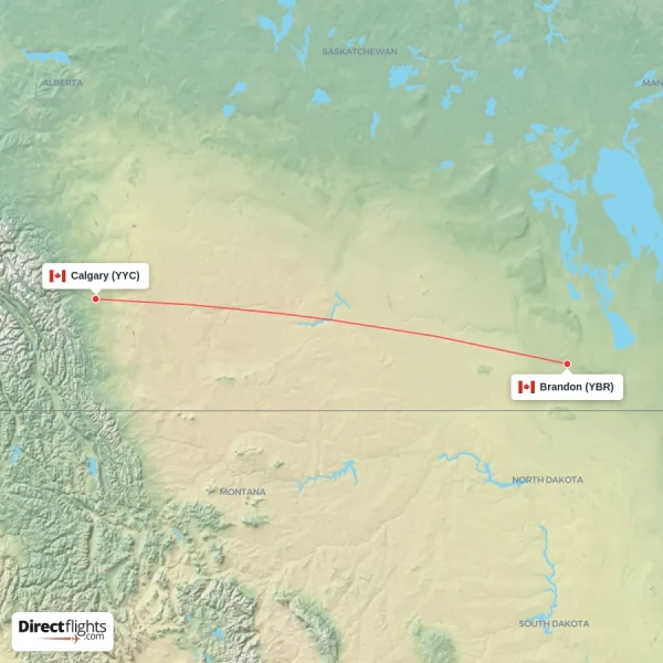 Calgary - Brandon direct flight map