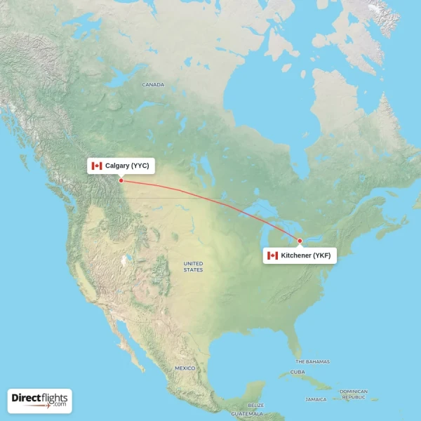 Calgary - Kitchener direct flight map