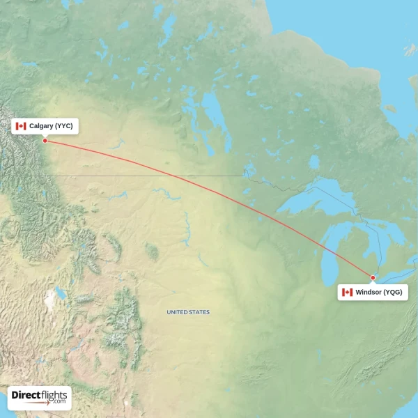 Calgary - Windsor direct flight map