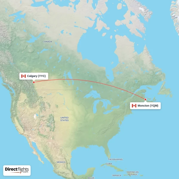 Calgary - Moncton direct flight map