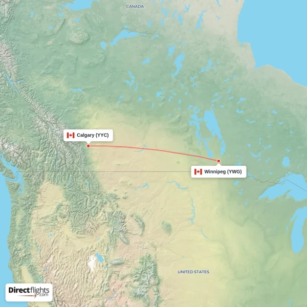 Calgary - Winnipeg direct flight map