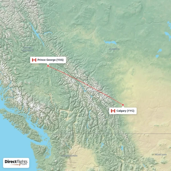 Calgary - Prince George direct flight map