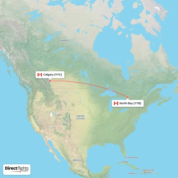 Calgary - North Bay direct flight map