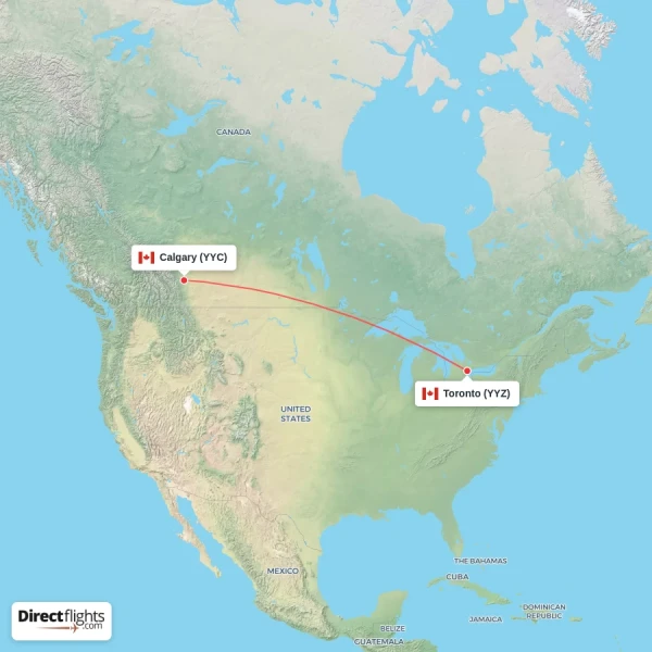 Calgary - Toronto direct flight map
