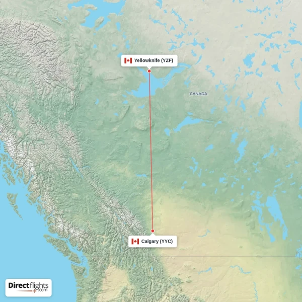 Calgary - Yellowknife direct flight map
