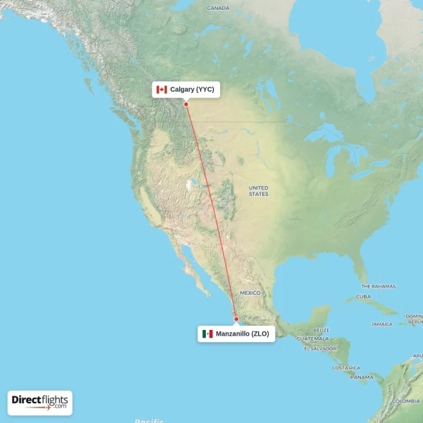 Calgary - Manzanillo direct flight map