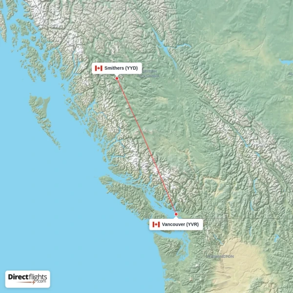 Smithers - Vancouver direct flight map