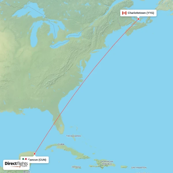 Charlottetown - Cancun direct flight map