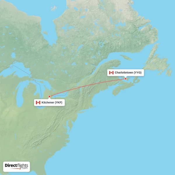 Charlottetown - Kitchener direct flight map