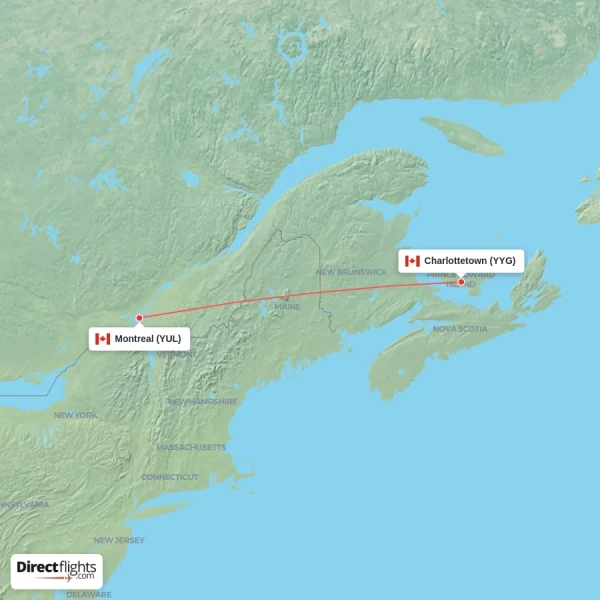 Charlottetown - Montreal direct flight map