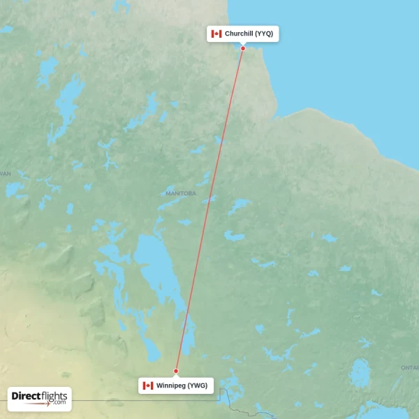 Churchill - Winnipeg direct flight map