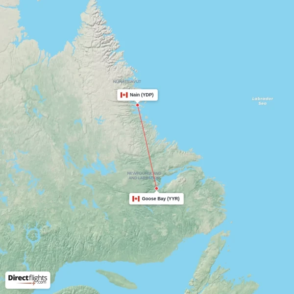 Goose Bay - Nain direct flight map