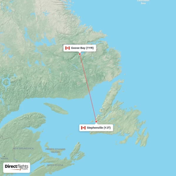 Goose Bay - Stephenville direct flight map