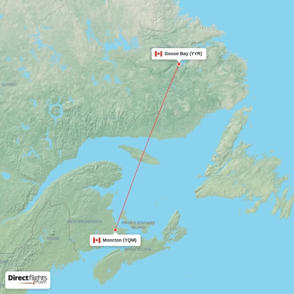 Goose Bay - Moncton direct flight map